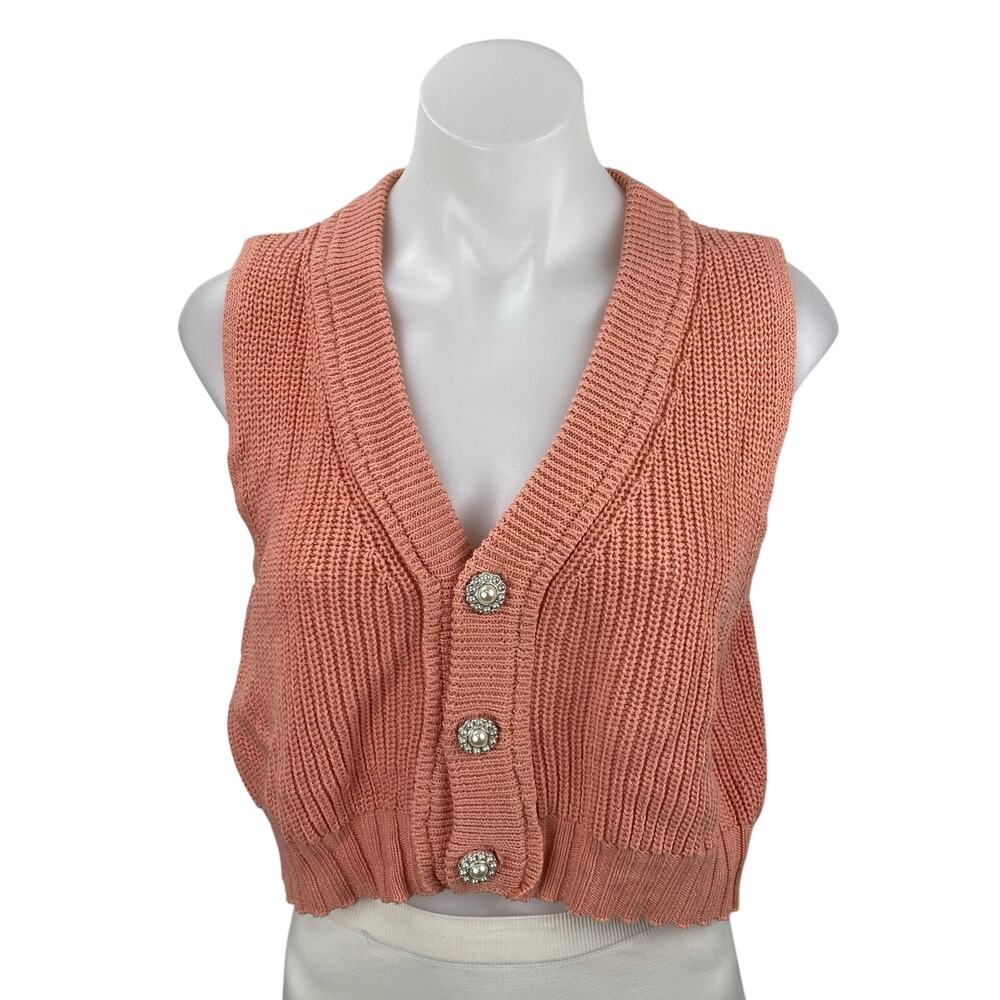 Double Zero Coral Ribbed Knit Sleeveless Button Up Vest Cardigan Sweater Top S